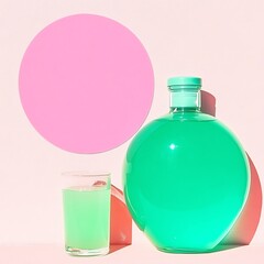 Poster - Vivid still life featuring green liquid, glass, and pink circle against pastel backdrop