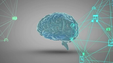 Poster - On start 3D brain rotating while network lines pulsing, icons sliding visualizing data integration