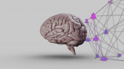 Poster - On start 3D brain model rotating as purple nodes and icons pulsing visualizing neural network