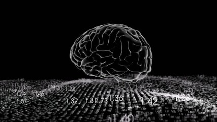Poster - At start, translucent 3D brain model rotating over pulsing numeric grid, illustrating data flow