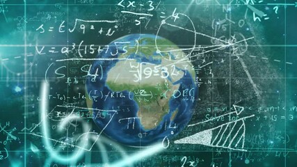 Poster - Teal grid filling frame starting globe emerging and rotating as equations swirling visualizing data