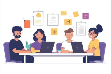 Aufkleber - Group of young adults collaborating at a desk with laptops, notes, and a plant in a creative workspace during the day
