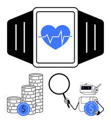 Poster - wearable smartwatch displaying heart rate, stacked coins symbolizing finances, and robot holding mag