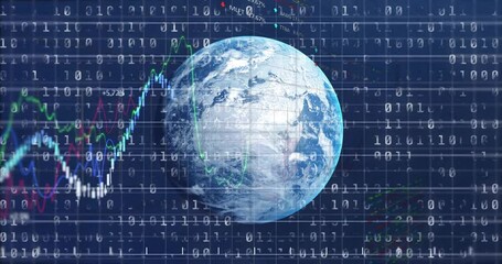 Poster - Starting 3D Earth with binary overlay, line graphs emerging and rotating globe showing live data