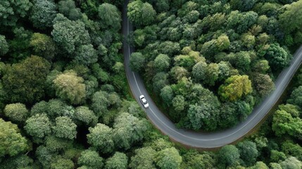 Poster - A car drives along a curving road surrounded by dense greenery, showcasing the vibrant hues of a thriving forest under clear skies. The scene reflects tranquility and natural beauty