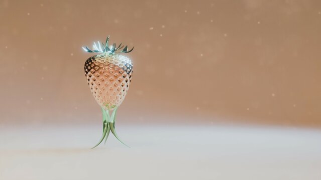 Metallic strawberry with translucent green stem standing in minimalist soft background....
