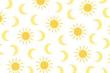 Poster - Geometric pattern featuring yellow suns and crescent moons, transparent backdrop, suitable for textile, packaging, wallpaper design