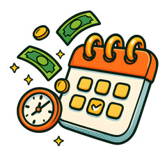 Aufkleber - depicting various financial and budgeting elements including a calendar clock currency and icons representing income expenses savings and investment