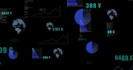 Poster - Dark screen showing 2173€ initiating pulsing charts, rotating globes, updating labels for finance