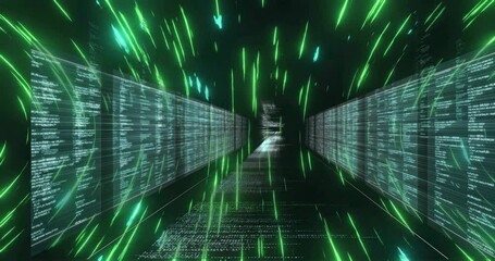 Aufkleber - Neon-green streaks appearing along code panels and moving inward illustrating data transfer tunnel