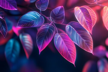 Poster - Vibrant glowing leaves with neon colors illuminated against a dark background