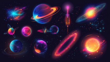 Poster - Collection of Colorful Fantasy Planets and Space Elements on Transparent Background
