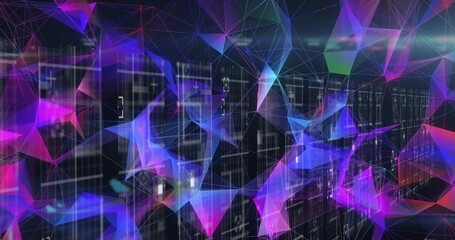 Poster - On startup purple triangular nodes morphing across grid, pulsing and recombining data network mesh