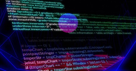 Poster - Opening on red neon grid, code fading, scrolling, sphere pulsing, drifting, visualizing cyberspace