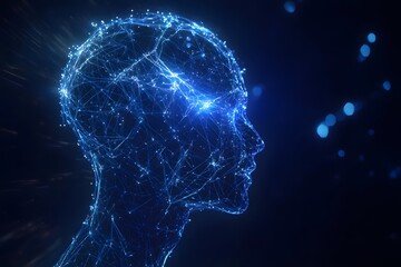 Poster - Futuristic glowing human face with connected lines illustrating neural networks and ai