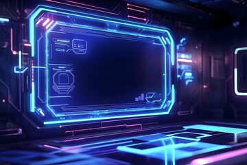 Poster - Futuristic interior with a glowing digital display and neon lighting in a cybernetic environment