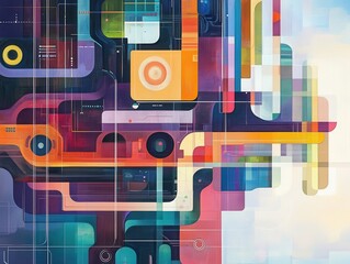 Poster - Abstract Geometric Composition with Rounded Shapes Lines and Vibrant Colors in a Modern Style