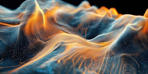 Aufkleber - Abstract Digital Landscape with Glowing Particles and Flowing Lines in Blue and Orange Tones