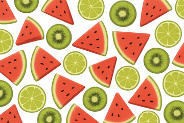Poster - Seamless pattern of juicy watermelon slices, kiwi, and lime on a transparent background, creating a refreshing summer fruits design