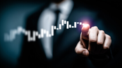 Poster - The Guiding Hand of Finance: A hand, belonging to an expert professional, gracefully traces the rising graph, symbolizing market growth and financial success. The image blends artistry and expertise.