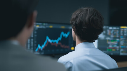 Poster - Market Analysis and Strategy: A focused view into a stock trading environment, with the main focus on the display of fluctuating data and performance analytics on several monitors.