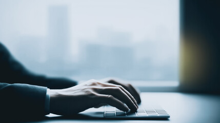 Poster - Focused typing with a blurred cityscape: A person's hands are expertly poised over a keyboard, creating a scene of business, the blurred cityscape in the background suggests opportunity, work.