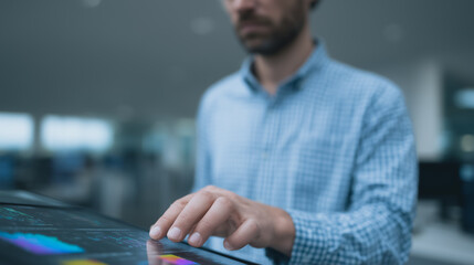 Poster - Tech-Savvy Focus: A focused individual interacts with a cutting-edge touchscreen interface, embodying modern technological advancement.
