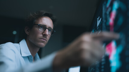 Poster - Focused Analysis: A medical professional delves into an intricate medical scan, his gaze intense and focused as he navigates the complexities of data, showcasing expertise and dedication.