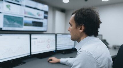 Poster - Analyst Monitoring Data: A focused male analyst intently monitors multiple computer screens displaying complex data, graphs, and visualizations in a modern control room setting.