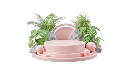 Poster - Pink podium surrounded by tropical plants and rocks presenting natural cosmetics
