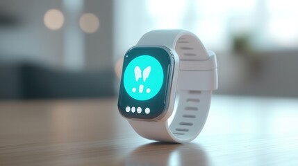 A white smartwatch displays a green screen on a wooden surface