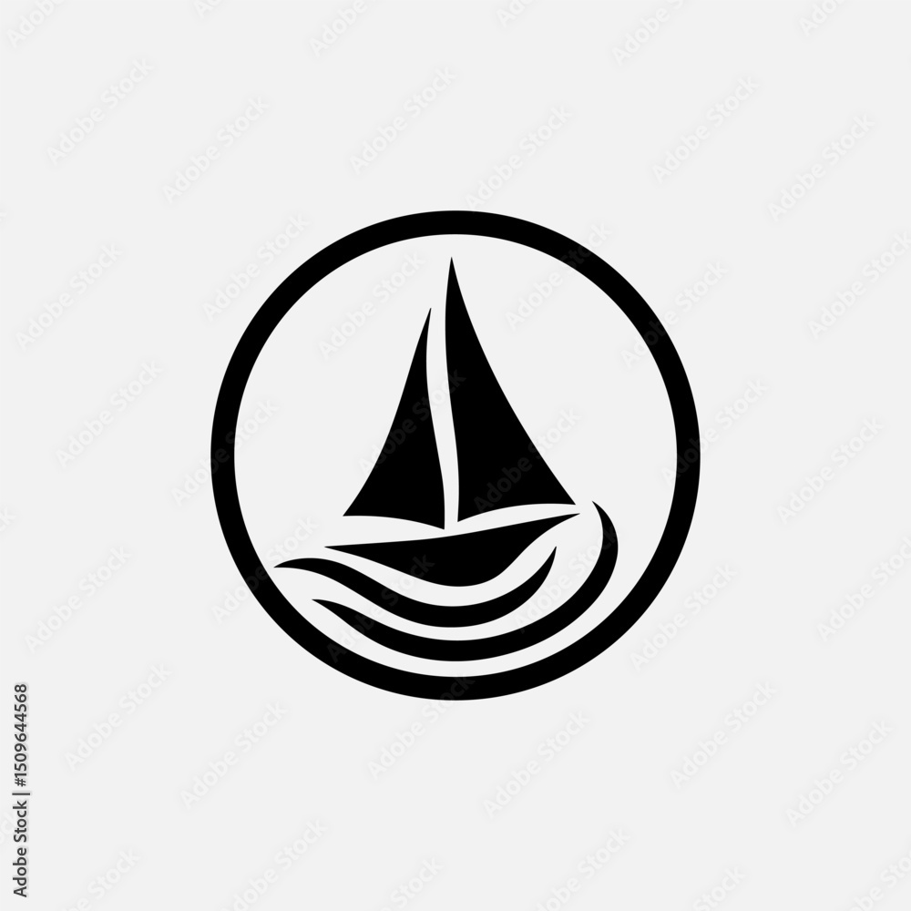 An elegant black vector logo silhouette of a graceful sailboat within a perfect circle