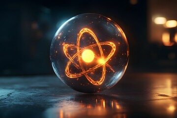 Poster - Glowing atom inside a glass sphere against a dark background representing energy and scientific concepts.