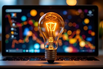 Poster - creative light bulb hologram on modern laptop background, right: clear copy space for text or design.