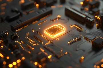 Poster - Glowing battery icon centralized on a detailed circuit board technology background