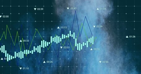 Poster - Hand releasing white and blue powders colliding over grid while bar line graphs showing data shifts