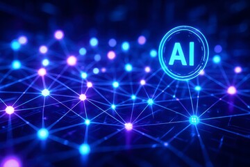 Poster - Glowing ai symbol with connected nodes on a dark blue background
