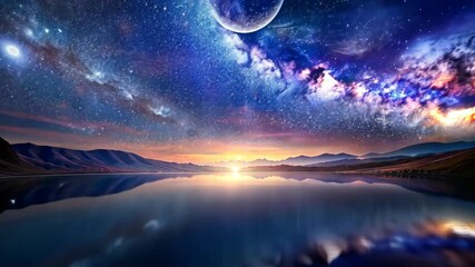 Wall Mural - tranquil sunrise over a serene lake beneath a starry night sky with crescent moon