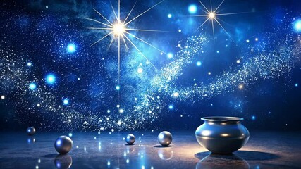Wall Mural - mystical silver cauldron and glowing orbs under a cosmic sky filled with sparkling particles and bri