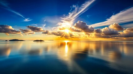 Wall Mural - golden sunrise over calm ocean with tranquil island silhouettes and wispy clouds.