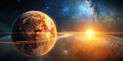 Wall Mural - A Fiery Celestial Body Orbits a Distant Star, Illuminated by a Glowing Sunrise in a Vast, Star-Filled Cosmos