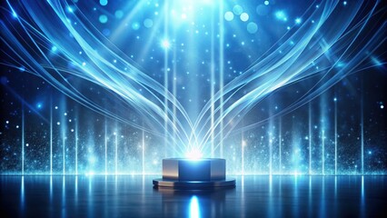 Wall Mural - Abstract Futuristic Stage with Glowing Blue Light Streaks and a Reflective Platform