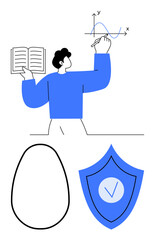 Poster - man holding open book, drawing a graph on a whiteboard shield with check-mark symbol abstract egg-sh