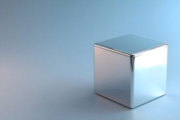 Poster - Polished silver cube with reflective surface on a gradient blue background