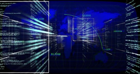 Aufkleber - Opening dark blue world map grid, wireframe panels drifting, code bursting, visualizing data