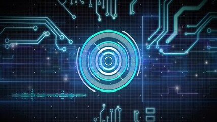 Poster - Opening dark grid UI, circular HUD pulsing rings, illuminating circuits, displaying code, looping