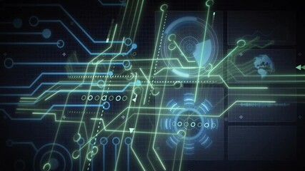 Poster - Dark grid initiating green, blue circuitry expanding panels hosting meter gear animating data flow