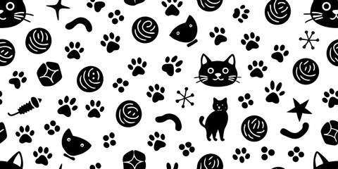 Poster - Seamless pattern of cute black cat faces paw prints and playful elements on white background