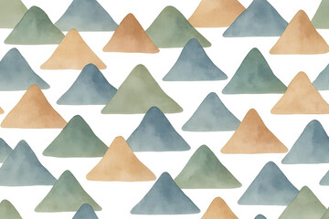 Poster - Watercolor mountain landscape repeating pattern, blending blue, green, orange hues for textile, background, design applications