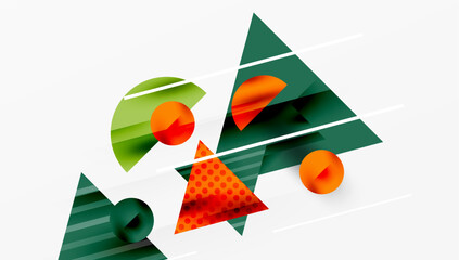 Poster - Abstract geometric shapes overlap. Green, orange hues dominate composition. Lines create dynamic visual interest. Modern design elements present.